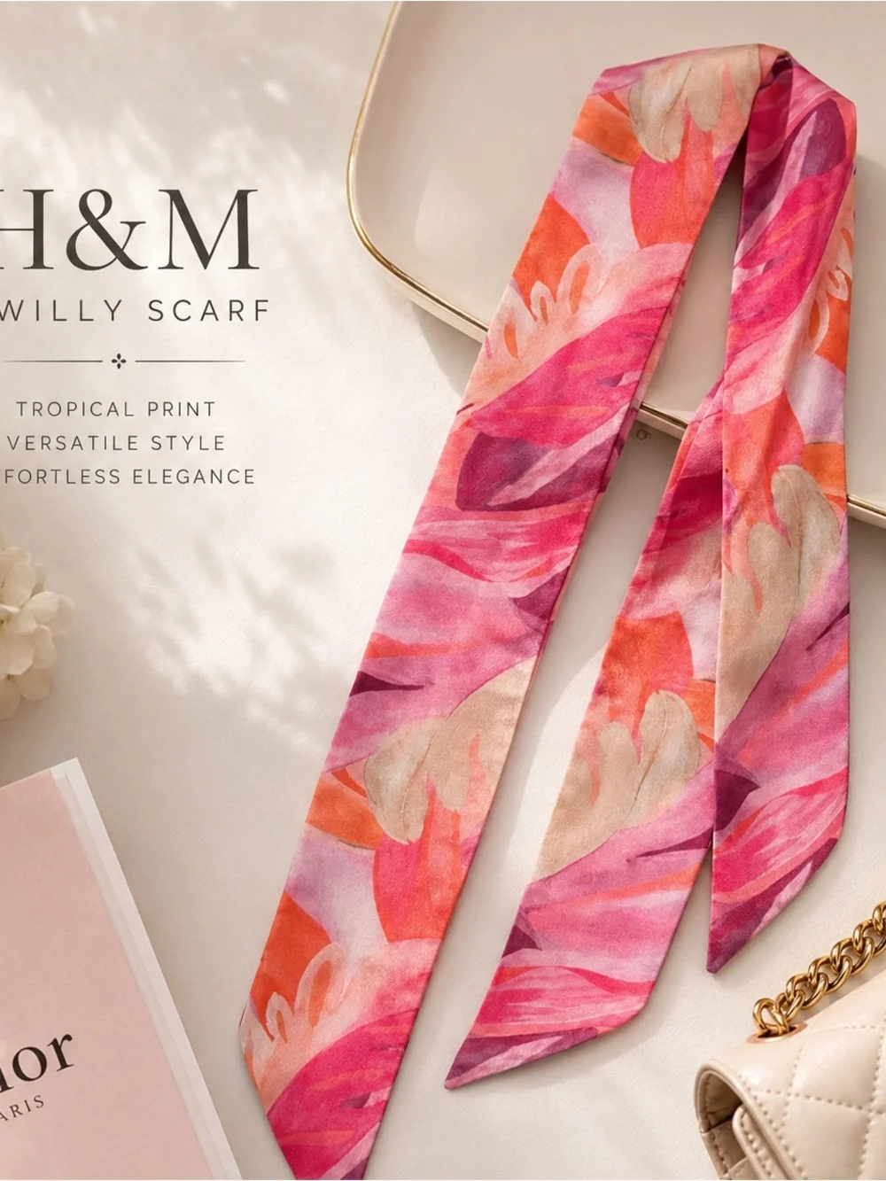 H&M Pink Tropical Print Twilly Scarf Ribbon Hair Scarf